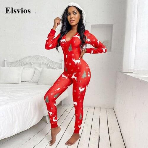 Casual V-Neck Hooded Rompers Homesuit Christmas Snowman Deer Print Women Jumpsuits Fashion Zip-Up Long Sleeve Playsuits Pajamas