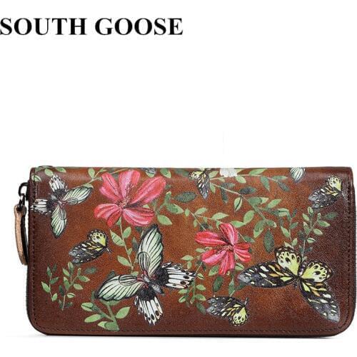 SOUTH GOOSE Hot Sale Women Clutch Wallets Genuine Leather Long Handy Bag Butterfly Embossing Female Card Holder Strap Money Bag