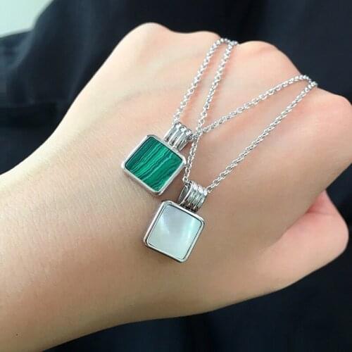 OL Fashion Silver Color Charms Square Shell Necklace Green White Malachite Necklace&Pendant for Women Cute Jewelry