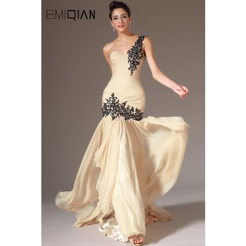 Fashion Evening Dress One shoulder Sweep Tain Black Lace Appliques Chiffon Evening Gowns