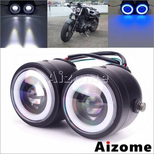 Motorcycle LED Double Headlight Vintage Cafe Racer Twin Headlight Universal For Harley Softail Suzuki Blue Daytime Running Light