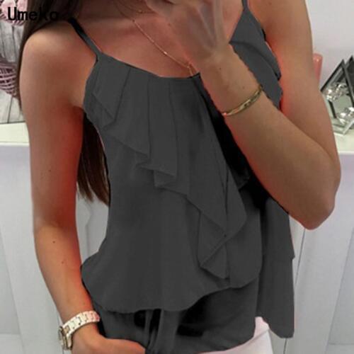 Umeko 2020 New Summer Sexy Tank Top Women Casual Ruffles Womens Tops T-shirt Spaghetti Strap Loose Vest Female Camis White Top