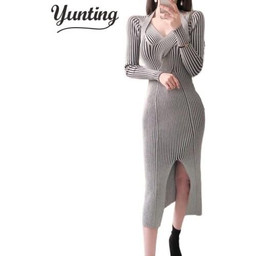 New Fashion Sexy Autumn Winter V-neck Solid Long Sleeve Knitting Dresses For Women Solid Sheath Skinny Cloth Ladies