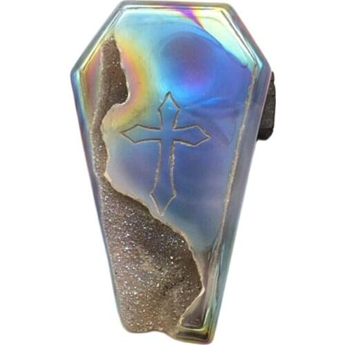 New arrivals feng shui crystal ornaments natural quartz crystal gray agate Druzy geode carved aura coffin for home decoration