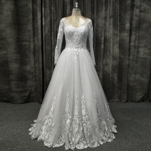 Real Picture Wedding Dress with Detachable Skirt V Neck Illusion Long Sleeves Sequins Beaded Lace Appliques Corset Back
