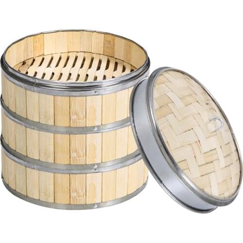 1Pc Woven Bamboo Lid Cover with Stainless Steel Banding Handle for Buns Dim Sum Food Steamer Kitchen Dumplings Steaming Cage