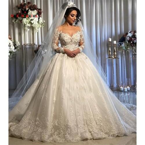 Luxurious Wedding Dresses Ball Gown Long Sleeve Puffy Tulle Lace Flowers Beaded Crystal Vintage Bride Dress Custom Made DE27