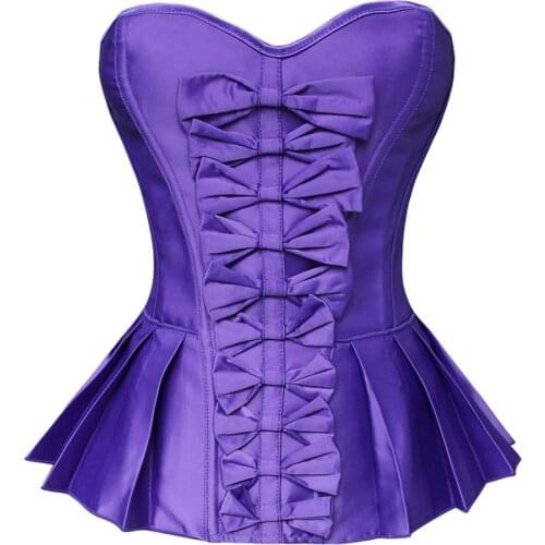 Sexy Womens Pleated Skirted Burlesque Strapless Boned Lace up Waist Training Overbust Corset with Bow Bustier Gothic Lingerie