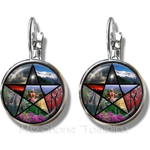 Supernatural Wickedest Pentacle Satanic Earrings 16mm Glass Cabochon Goth Silver Plated Stud Ear Wiccan Star Best Gifts