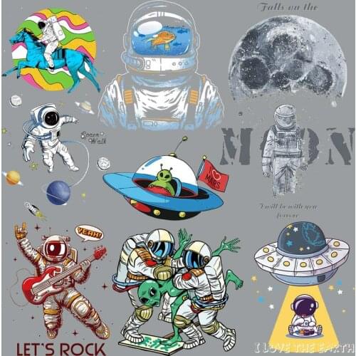 Iron on Astronaut Patches Set For Kids Clothing DIY T-shirt Applique Heat Transfer Vinyl UFO Space Patch Stickers Thermal Press