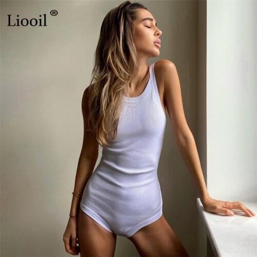 Liooil Knit Ribbed Bodycon Bodysuit Black White Body Suit Tops For Women Sleeveless O Neck Knitwear Romper Sexy Skinny Jumpsuits