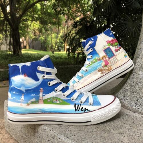 Wen Original Design Custom Hand Painted Shoes Girl in Coastal Sea Men Womens High Top Canvas Sneakers Birthday Gifts