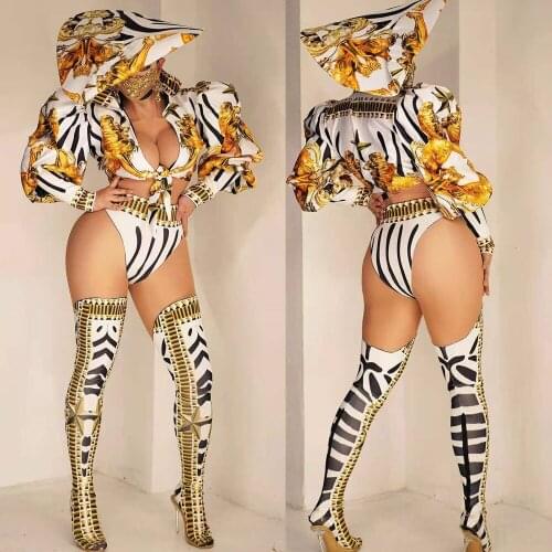 Vintage Pattern Deep V Tops + Shorts + Leggings + Hats Women Carnival Party Stage Outfit Sets Singer Dancer Performance Clothes