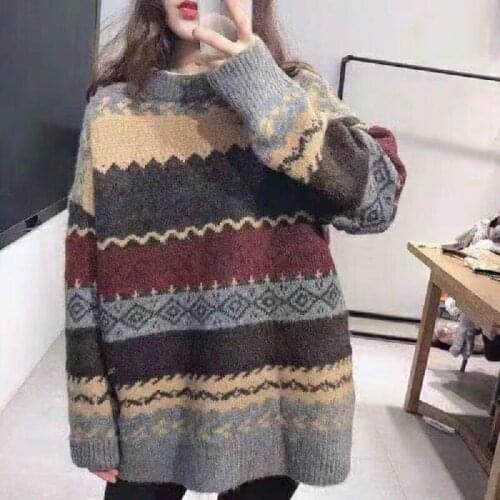2020 Women Elegant Sweater Pullovers O-neck Retro Vintage Knitwear Autumn Long Sleeve Sweaters Loose Tops Winter Sweaters
