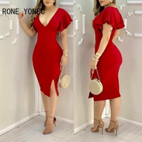 Women Plunge Ruffles Hem Slit Bodycon Dress Sexy Party Dress Vacation Dress 2021