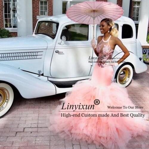 Sexy pink Illusion Mermaid Prom Dresses With Halter Lace Sequined Backless Prom Gowns Ruffles Tulle Skirts Formal Evening Dress