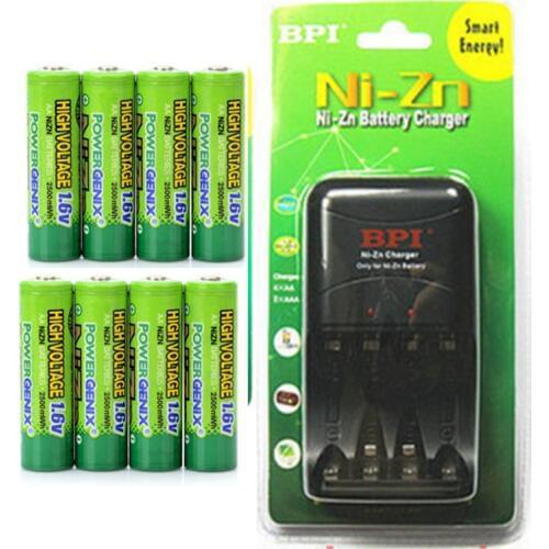 Free shipping 8Pcs NiZn1.6V AA 2500mWh Rechargeable Powergenix Battery + NiZn Charger set High Voltage For High Drain Usage