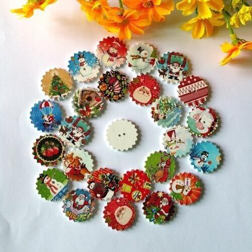 80PCs 24mm Random Mixed Christmas Pattern Wooden Buttons Fit Sewing Scrapbooking decorative buttons Ornaments