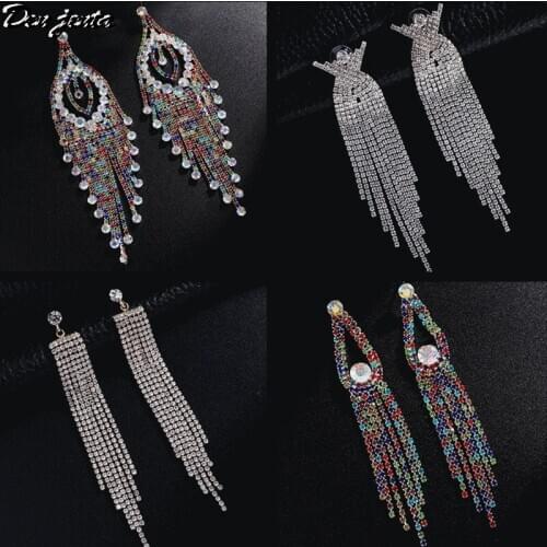 Bohemian Multi-Color Crystal Drop Earrings For Women Rhinestone Tassel Long Earrings Wedding Bridal Earrings Jewelry