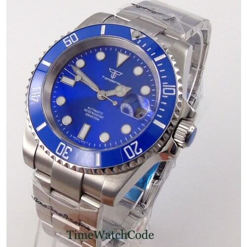 40mm Tandorio Automatic Mens Diving Watch Japan NH35 Blue Dial 200M Water Resistance Sapphire Glass Date Green Lume Bracelet