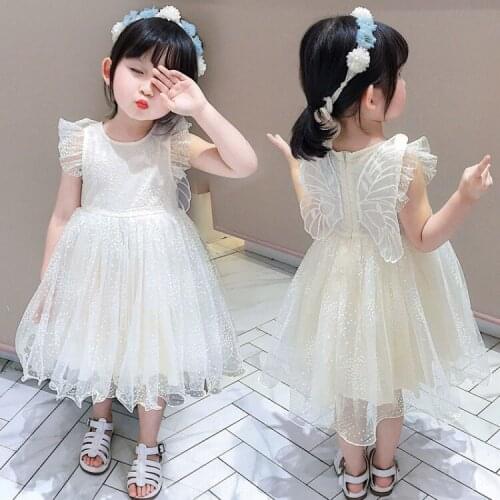 Summer New Girls Mesh Ball Gown Dresses Children Crew Neck Sleeveless Wing Princess Dress