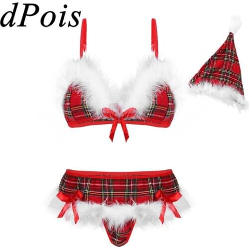 Women Plaid Christmas Lingerie Exotic Set Adjustable Strap Feather Trimming Sexy Bra Tops with G-string Hat for Cosplay Party