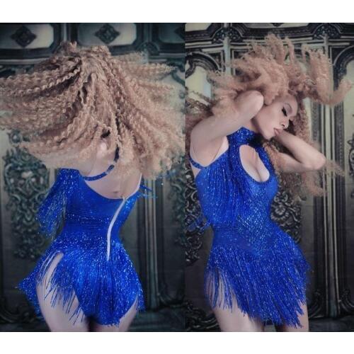 4 Colors Sleeveless Sparkly Rhinestones Bodysuit crystals Tassels Jumpsuit Sexy Female Nightclub DJ DS Costumes prom DJ DS bar