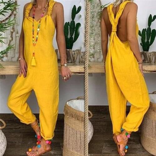 Autumn Summer Women Jumpsuits Solid Color Bib Overall Sleeveless Backless Knotted Jumpsuit Dungarees Sleeveless Romper Overalls