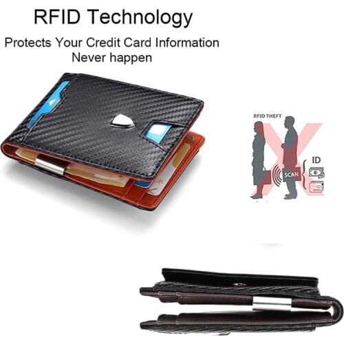 Antitheft Credit Card Holder Wallet Rfid Men Carbon Fiber Leather Wallet with Coin Pocket & Money Purse