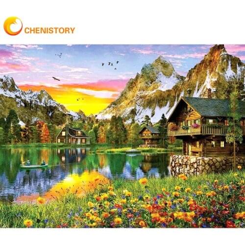 Chenistory Painting By Numbers For Adults Beatiful Town Landscape Paints Kits DIY Framed For Adults Home Decor Oil Drawing Photo