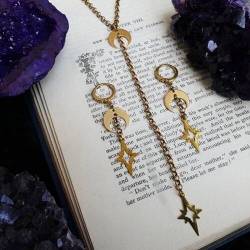 Witchy Necklace Earrings Set Brass Moon & Stars Necklace Modern Witch Style Moon Child Gifts Wiccan Gifts Modern Witch Necklace
