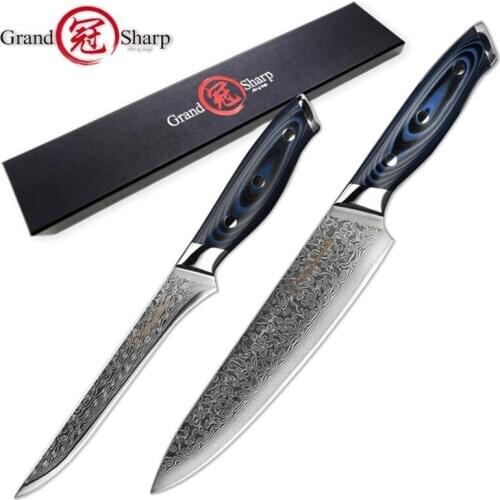 2pcs Knife Set Damascus Kitchen Knives vg10 Chef Boning Knife 67 Layers Japanese Damascus Steel Butcher Tools Knife GRANDSHARP