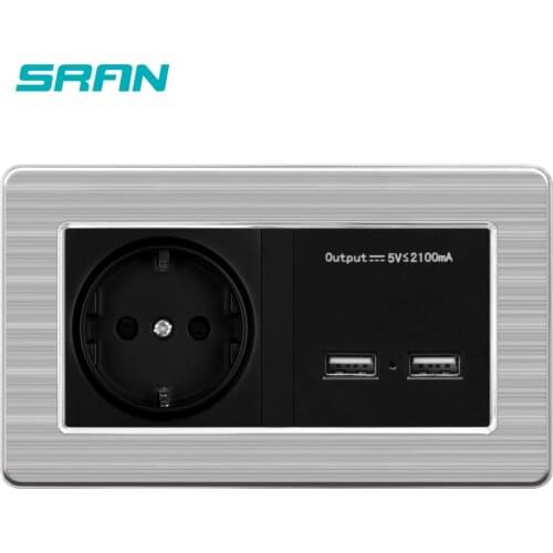 SRAN Wall Socket EU Standard Power Outlet With Dual USB Smart Induction Charge Port For Mobile 5V 2.1A Stainless Steel Panel