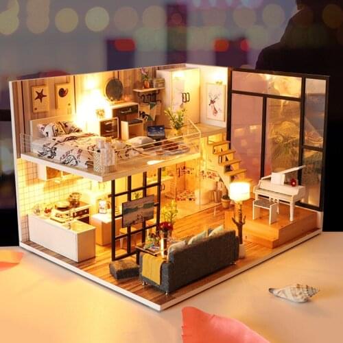 New DIY Wooden Dollhouse Miniature Furniture With LED Kits Creative Loft Doll Houses Assemble Toy Children Birthday Gift Casa