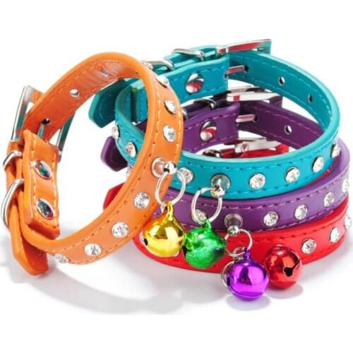 Dog Collars Products Puppy Crystal Color PU Leather Suede Cat Necklace Neck Strap With Hanging Bell