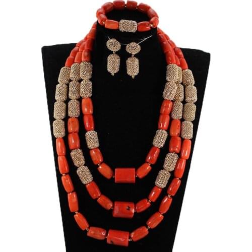 Luxury Real Coral African Wedding Beads Jewelry Set Coral and Gold Statement Necklace Set Jewelry Sets for Women CNR877
