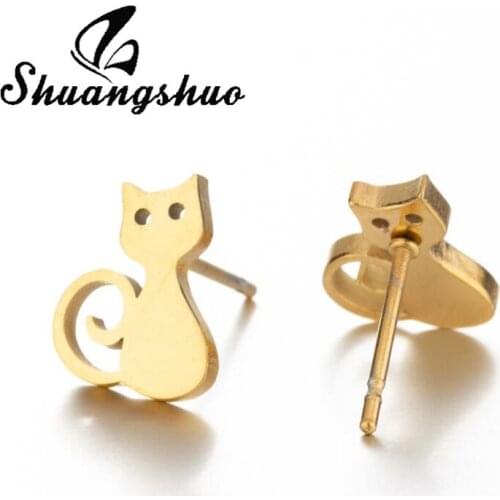 Shuangshuo Stainless Steel Lovely Animal Series Earrings Cute Cat Kitty Kitten Stud Earrings Women Home Party Accessories Gift