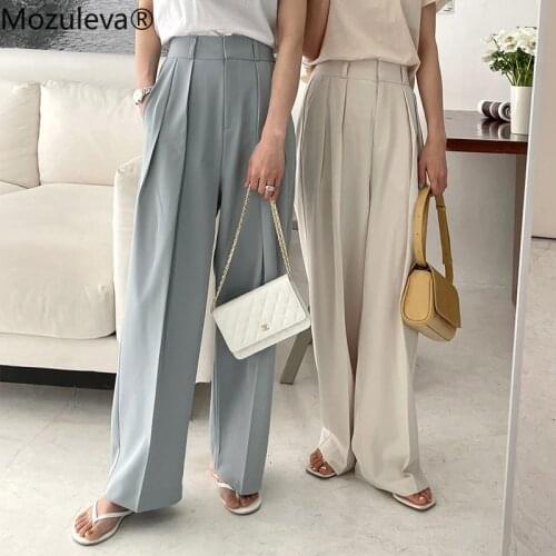 Mozuleva 2021 Summer Casual High Waist Loose Straight Pants for Women Ladies Button Wide Leg Trousers Female Solid Pants