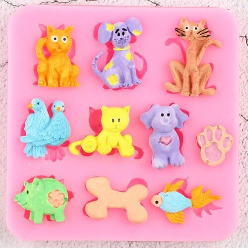 Cartoon Animals Silicone Mold 3D Dog Cat Fish Birds Chocolate Candy Polymer Clay Molds DIY Party Fondant Cake Decorating Tools