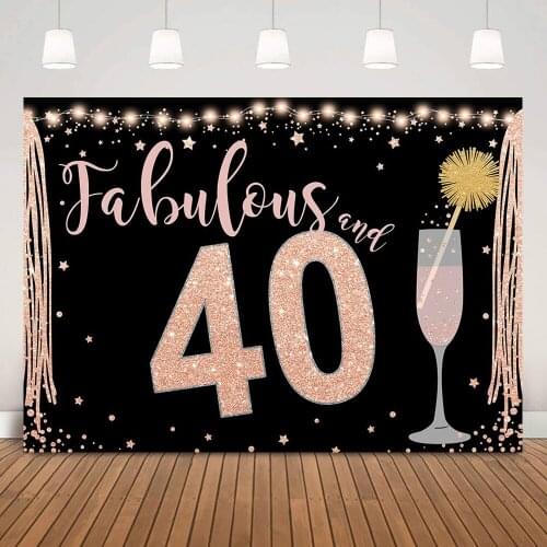 Fabulous Woman 40th Birthday Background Pink Rose Glitter Champagne Happy Birthday Backdrop Girls Cake Table Decorations Shoot