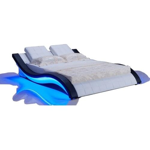 Modern real genuine leather bed / soft bed/double bed king/queen size bedroom with sound system for iphone ipad LED light