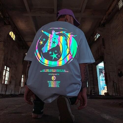 Reflective Unicorn T-Shirt Short Sleeve Fashion Brand Printing Clothes Summer Trendy Half Sleeve New Lovers Outfit Y2k Top