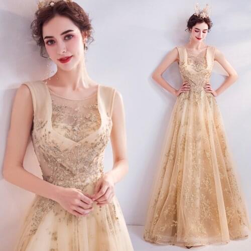 New golden lady girl women princess prom banquet party prom performance dance ball dress gown free shipping