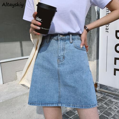 Skirts Womens Summer A-Line High Waist Button Zipper Solid Mini Denim Vintage Elegant Simple Chic Casual Basic All-match 2020