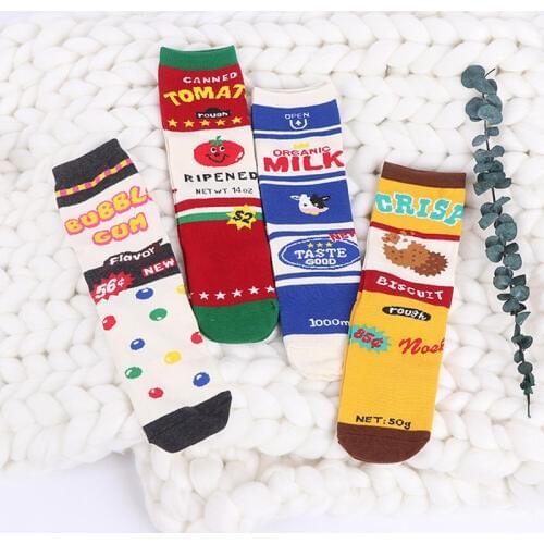 Men Creative Funny Socks Happy Cotton Colorful Fun Socks Women Milk Box Pattern Candy Tomato Cookies Stripe Patchwork Crew Socks