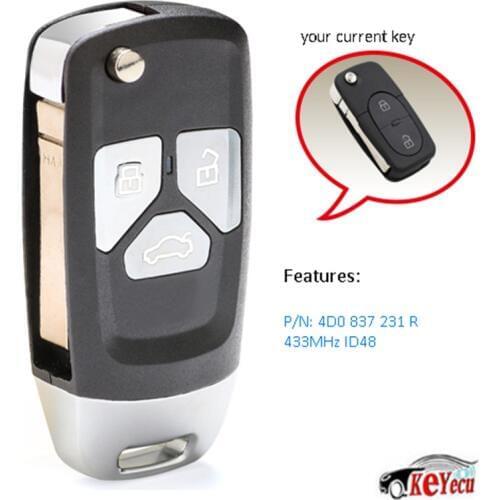 KEYECU Replacement Upgraded Replacement Flip Remote Key Fob 433MHz ID48 for Audi A3 A4 A6 Quattro 4D0 837 231 R