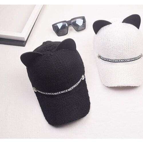 Women Autumn Winter Cat Ears Baseball Cap Wool Knit Baseball Hat Cute Hat