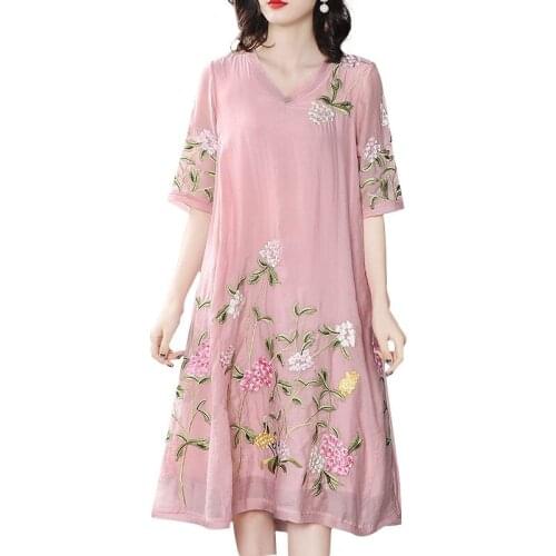 2021 New Fashion Elegant Womens Chiffon Embroidery Floral Dress Female Casual Style Summer V-Neck Artificial Silk Dresses
