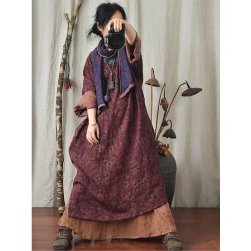 Women Spring Autumn Linen Printed V Neck Dress Ladies Print Flax Dresses Female 2021 Dress