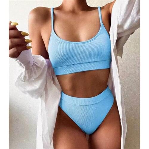 2021 High Waist Bikinis Swimsuits Women Push Up Swimwear Ribbed Strap Bathing Suit Biquini Brazilian Bikini Beachwear Bra set